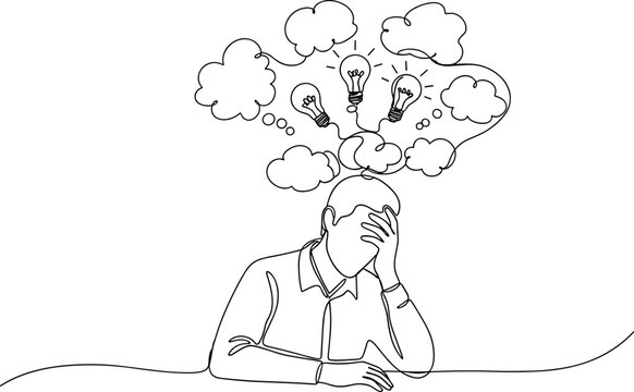 Man with many ideas and thoughts in head, brainstorming, light bulbs, creative process