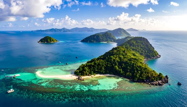 Lush Tropical Island Chain Surrounded by Turquoise Water Under Bright Cloudy Sky