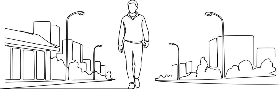 Man walking towards camera on city street with buildings and streetlights, line art