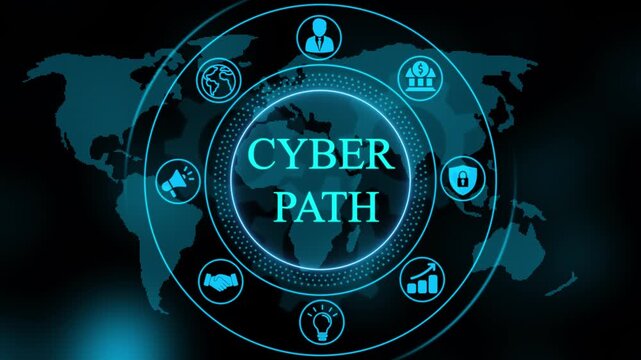 Cyber path digital interface with global network and futuristic data connectivity technology motion
