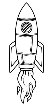 Simple line drawing of a rocket emitting fire from its base. Minimalist vector style.