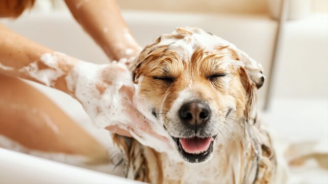 A joyful dog enjoys a bath, covered in shampoo foam as it gets washed in a bright bathroom. This pet grooming moment highlights happiness, cleanliness, and loving care.
