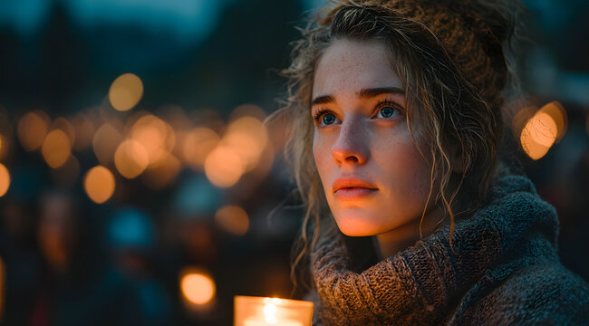 A young woman holding a lit candle with a thoughtful expression is participating in an outdoor evening vigil with a crowd carrying candles in a park. A gathering of mourners for International Missing 