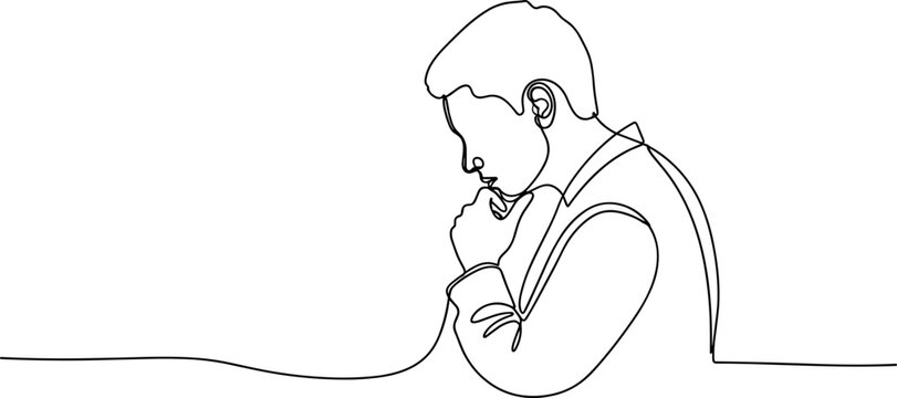 Continuous line drawing of a man in deep thought, hand on chin, contemplation, minimalist style.