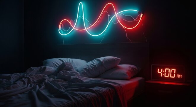 A dark bedroom with a bed and a neon light above it showing 4:00 AM on the alarm clock