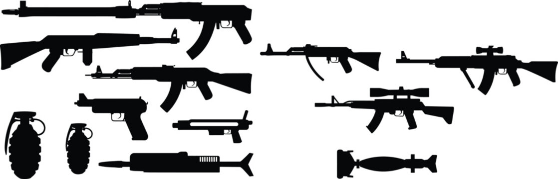 Military, weapon, silhouettes, set, black, isolated, white, background, guns, assault, rifles, grenades, pistols, sniper, equipment, combat, war, tactical, vector, illustration.
