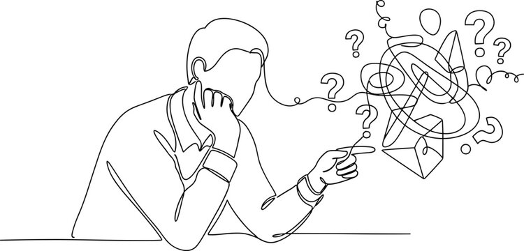 Man thinking, pointing at tangled ideas and question marks, single line drawing