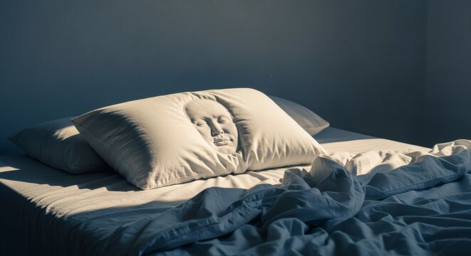 A serene and peaceful bedroom scene with a unique pillow and rumpled bed sheets.
