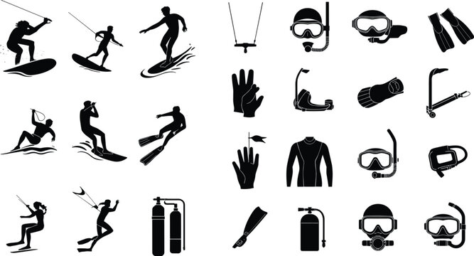 Water sports silhouettes, scuba diving gear icons, snorkeling equipment illustration, aquatic recreation design, surf wakeboard water ski silhouette collection