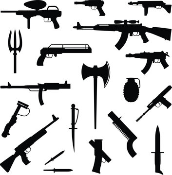 Weapon silhouettes, firearm icons, knife axe trident, grenade illustration, military combat design, gun pistol rifle shotgun silhouette collection