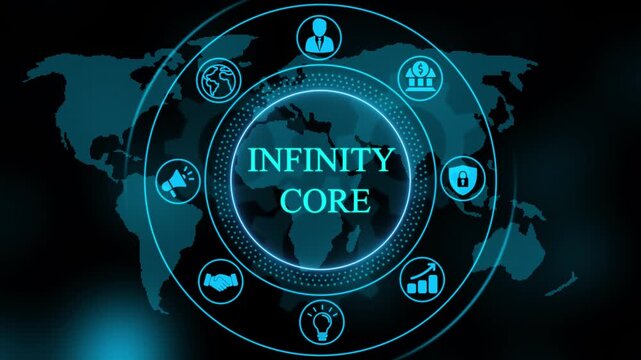 Infinity core digital hud interface with global business network and animated data connectivity technology