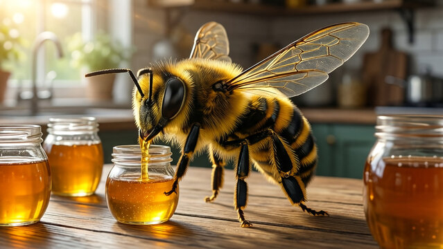A giant bee stands on a wooden table, drinking from small jars of golden honey.