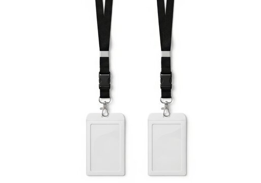 Two blank name badges on black lanyards displayed side by side isolated on white background