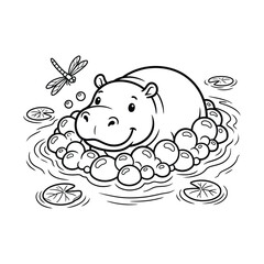 Fototapeta premium Smiling hippo relaxing in a bubble bath with lemons and a dragonfly