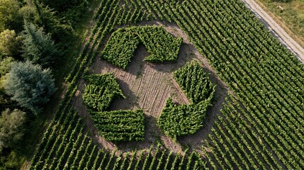 Obraz premium Aerial View of a Lush Green Recycling Symbol Created in a Vineyard Field Promoting Sustainability and Eco-Friendly Practices