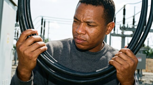 Serious worker holding heavy black power cables outside at an electrical transformer station location.