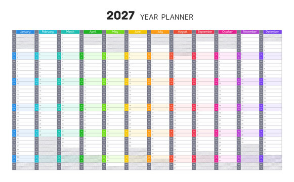 Planner template, calendar for 2027 year. Wall calender with blank grid in rainbow colors for each month. 2027 year planner for schedule, daily and monthly agenda, vector illustration