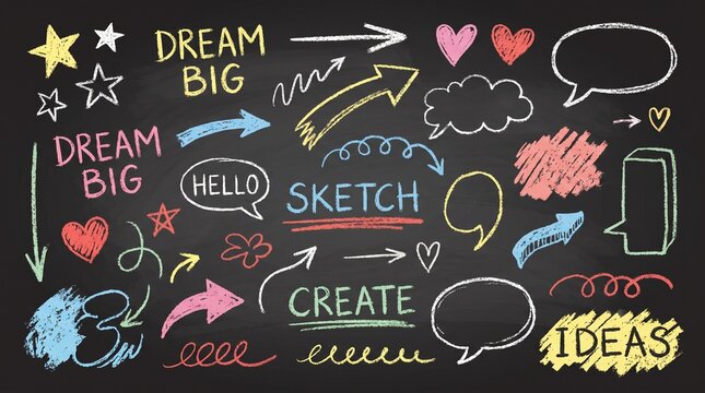 Chalkboard doodles with motivational words and symbols chalkboard illustration
