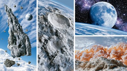 Fototapeta premium Collage of Astronomical Bodies: Asteroid, Moon Surface, Lunar Eclipse, and Martian Landscape