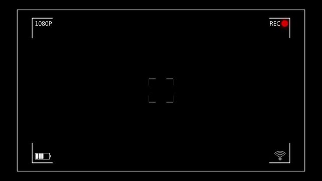 Camera recording screen overlay with alpha channel. Dslr camera frame viewfinder, screen of video recorder digital display with multiple settings and timer. 4K animation video