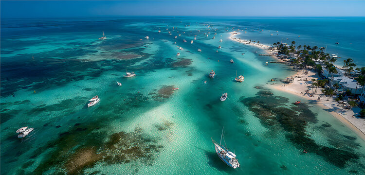 View from above of the crowded Islamorada sandbar, boats anchored, sand, aerial