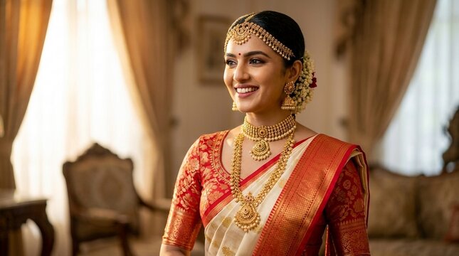 Happy indian bride in traditional sari and gold jewelry smiling indoors