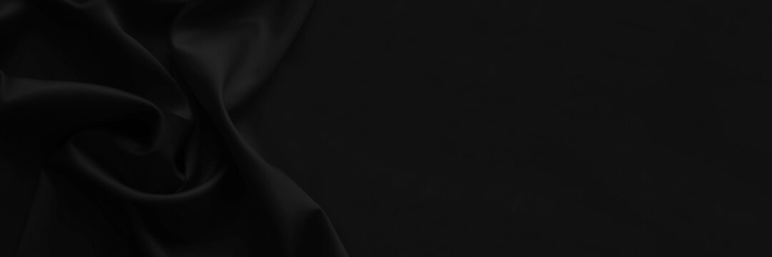 Black silk satin. Smooth silky shiny fabric material. Dark elegant background . Draped soft lines, folds. Gotic dramatic concept. Empty template design. Copy space.Table top view, flat lay.Wide banner