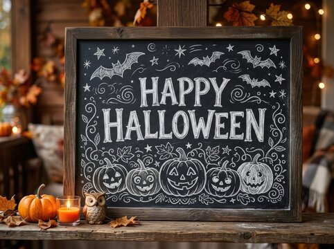 Happy halloween chalkboard sign with pumpkins and bats on wooden table