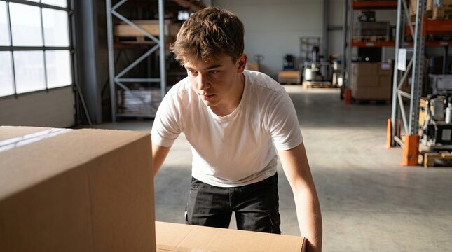 Young man carrying heavy cardboard box in warehouse, working, logistics, delivery.