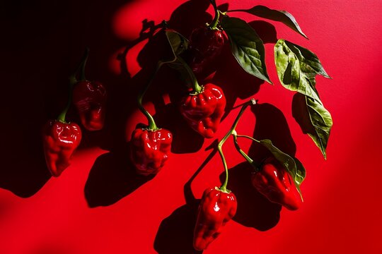 ghost peppers with dramatic shadows and red glow