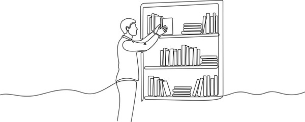 Man selecting book from shelf, minimalist line art illustration © kumara
