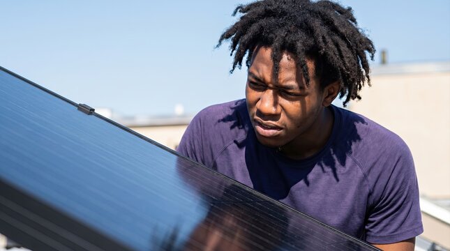 Diligent young man inspecting black solar panel installation on rooftop during bright summer daytime.