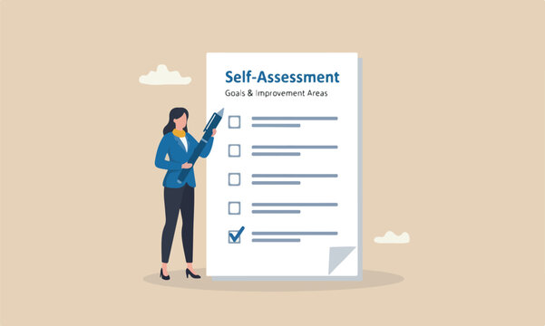 Self assessment yourself for personal development or work improvement concept, woman giving check on checkbox in achievement list notepad paper