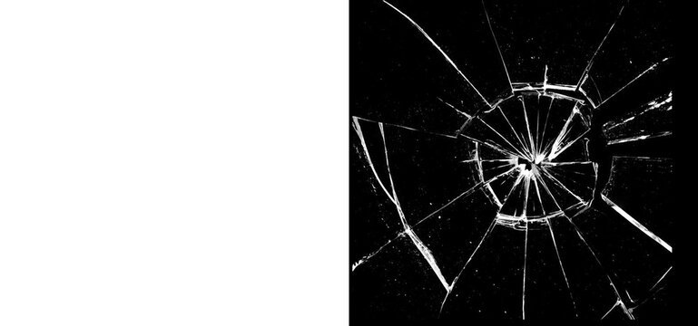 A closeup view of a shattered glass surface with sharp cracks and broken pieces on a dark background isolated on transparent background