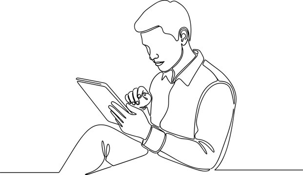 Minimalist line art of a man holding and using a tablet computer, seated posture