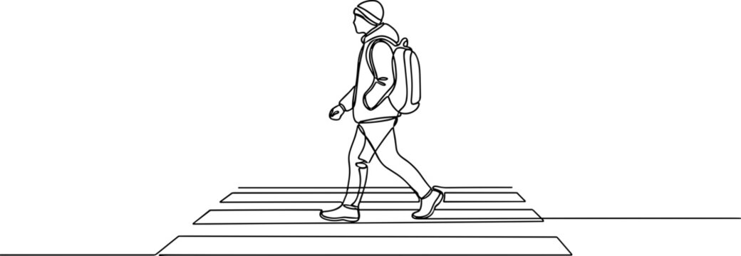 One Line Drawing of Person with Backpack Crossing Street at Pedestrian Zebra Crossing