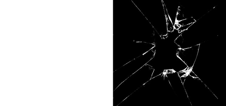 Cracked glass with sharp shards on a black background with white lines isolated on transparent background