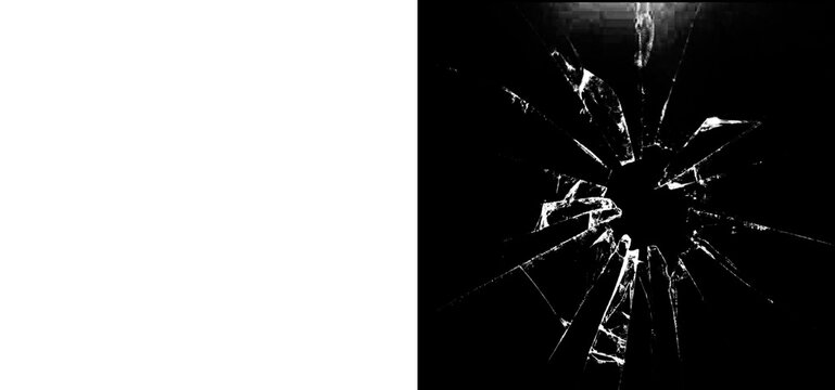 A broken glass or window with cracks spreading out from the center on a dark background with some light reflecting off the cracks isolated on transparent background
