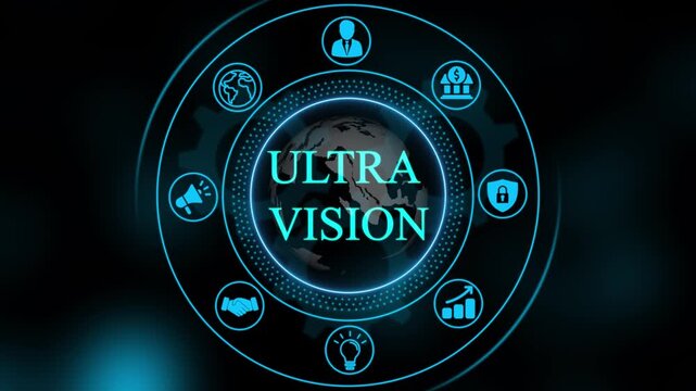 Digital global business network interface with rotating and ultra vision branding for corporate technology