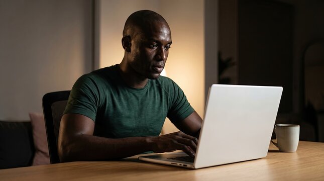 A focused african american man typing on laptop keyboard at wooden desk in home office.