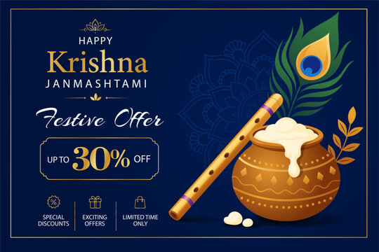 Krishna Janmashtami festive vector banner with flute, matki (butter pot) and peacock feather on dark blue background. Elegant Indian festival design for sale, invitation, poster or web use.
