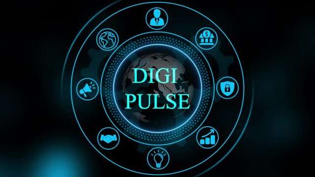 Digital global business network interface with animated and data analytics for corporate technology presentations