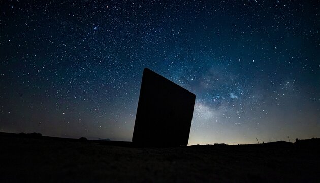 Laptop silhouette against starry night sky, Milky Way backdrop with faint horizon glow, minimalist white background merging technology and cosmic wonder.