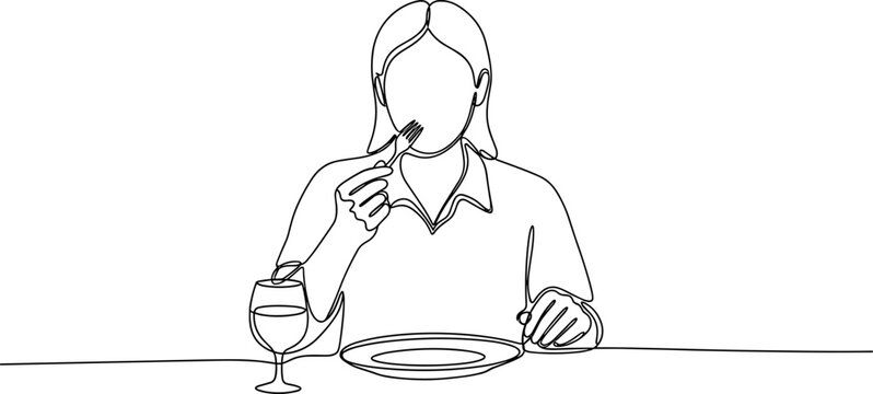 Continuous line drawing of a woman eating dinner with wine at table