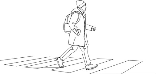 Minimalist line drawing of a person wearing a hat and backpack walking across a crosswalk © kumara