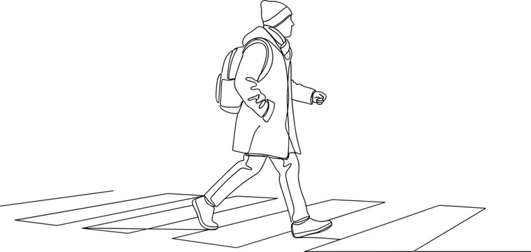 Minimalist line drawing of a person wearing a hat and backpack walking across a crosswalk