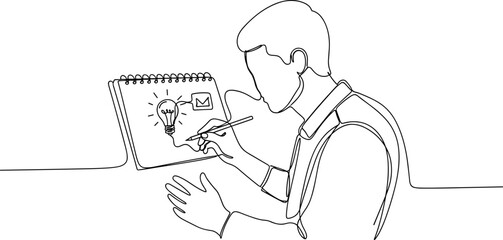 Man drawing lightbulb idea and checklist on notebook, single line art, creativity concept © kumara