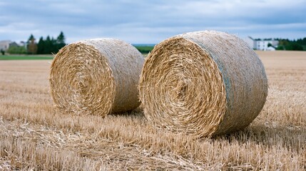 Obraz premium Two large golden hay bales resting in a harvested golden field under a cloudy sky