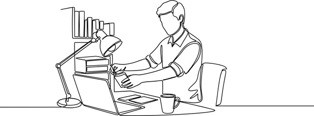 Continuous line drawing of a man working at a desk with a laptop, lamp, and books. © kumara