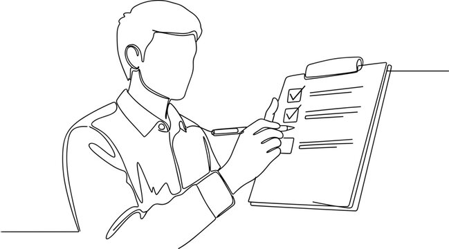 Man checking off list on clipboard with pen, single line drawing